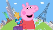 Peppa Pig World Adventures screenshot showing Peppa in a city - the game is included in the latest Humble Bundle.