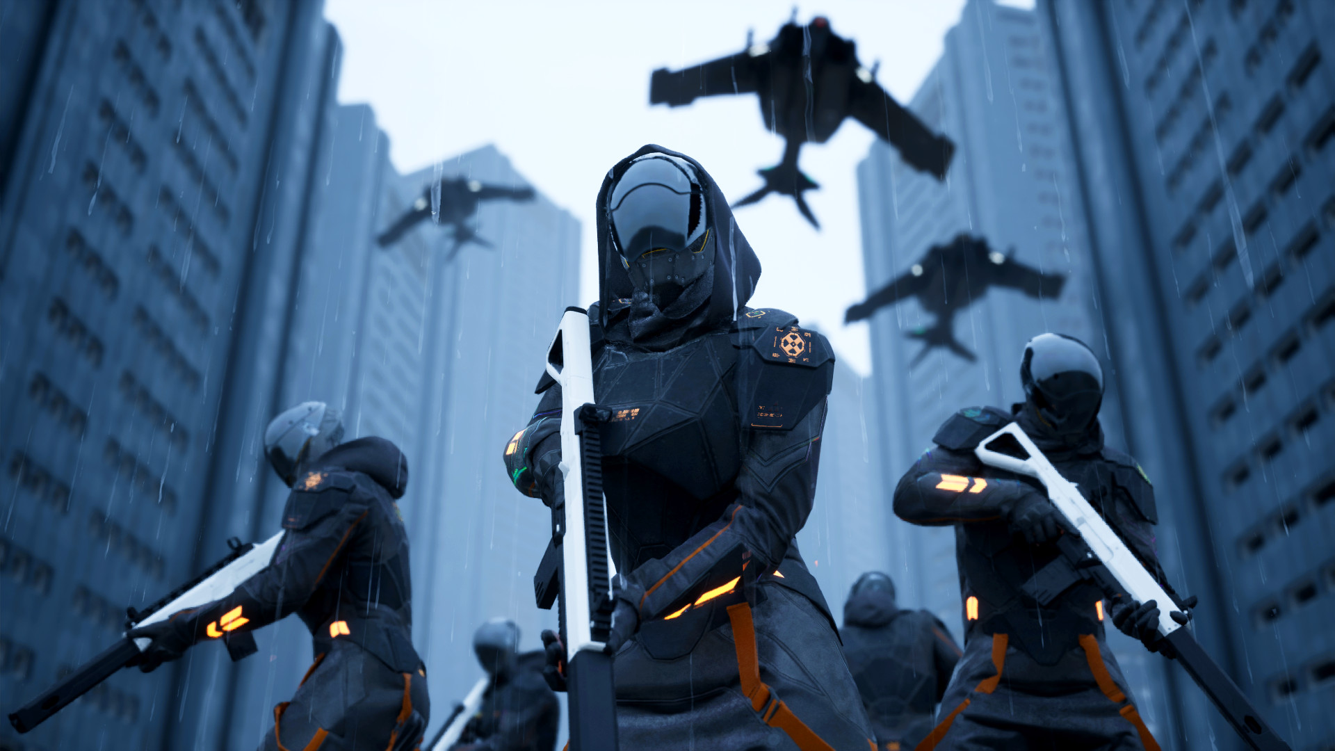 Neuer Koop-Shooter Polaris – Fünf Soldaten in schwarzen Outfits stehen zwischen Reihen von Hochhäusern, während Jets über sie hinwegfliegen.
