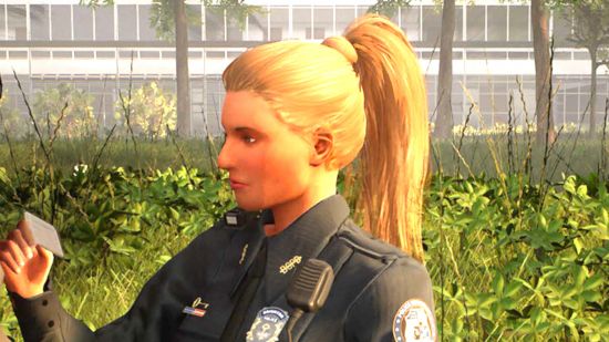 a police officer in a high blonde ponytail