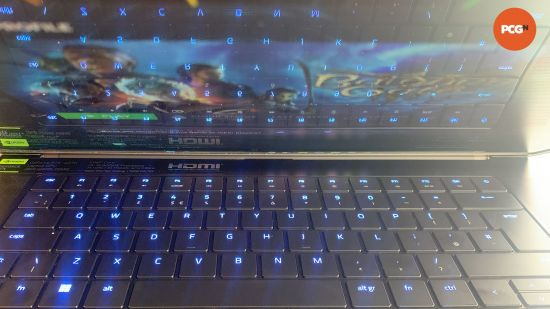 Razer Blade 16 (2024) review: Reflection of keyboard RGB lighting on screen