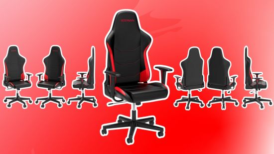 A red and white gradient background with cut outs of the Respawn 110 gaming chair