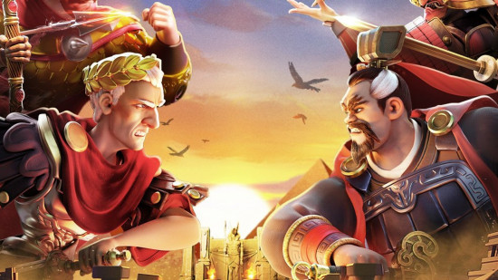 Two civilizations face off with one on either side of the image in Rise of Kingdoms, a strategy game.