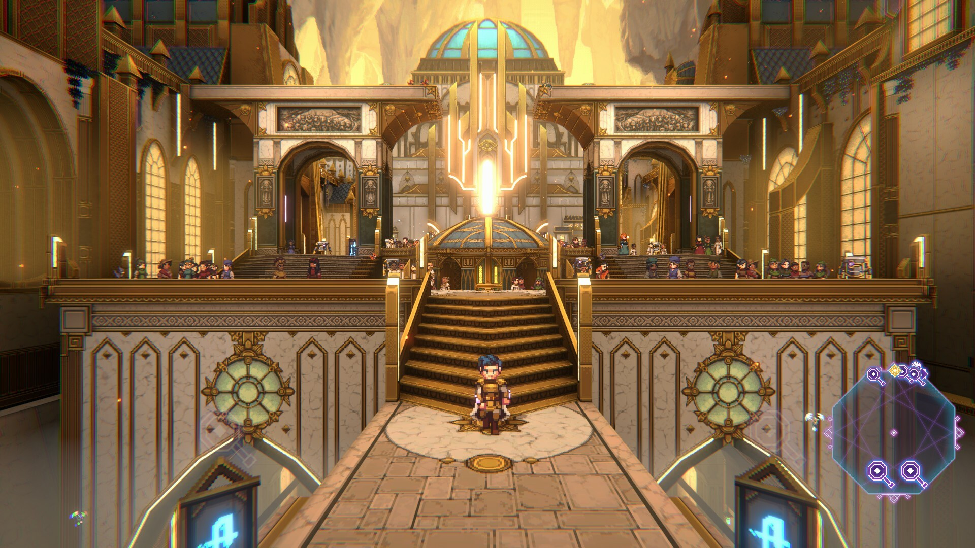 Sacrifire playtest starts for stunning new pixel-art RPG - a character walks down stairs in a vast golden hall.