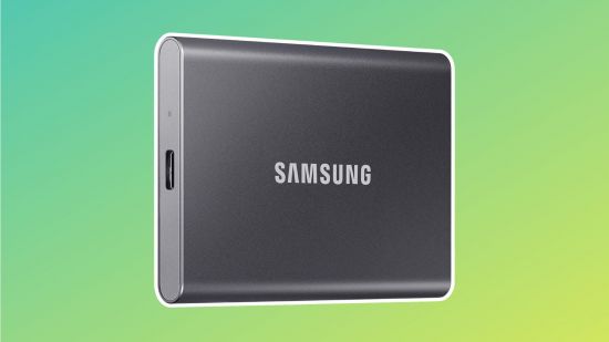An image of a black Samsung SSD cut out on a green gradient background