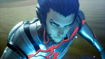 Shin Megami Tensei 5 Vengeance review: close up of a blue-haired man in sci-fi armor.
