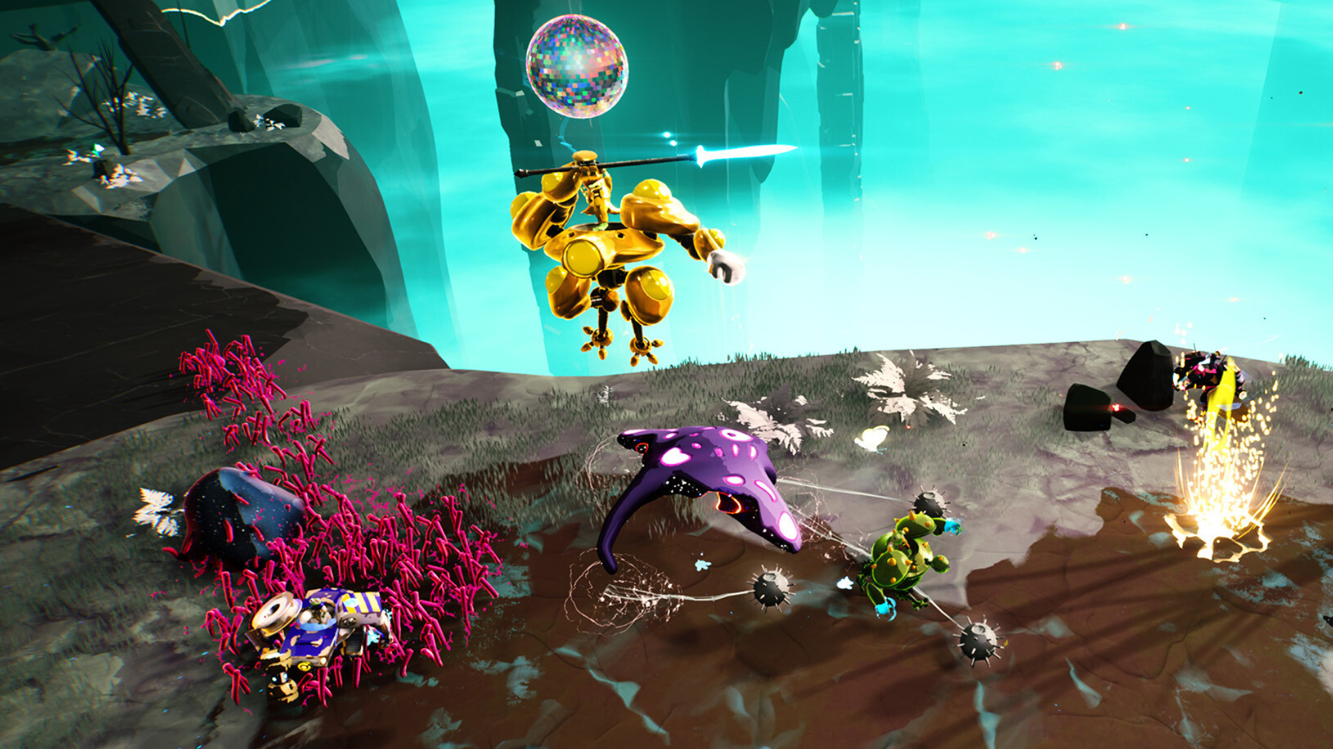 Shoulders of Giants: jugabilidad de un robot dorado que lucha contra varios enemigos.
