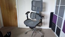 Sihoo S300 ergonomic office chair review image showing the chair in someone's home, with a cat at the bottom left.