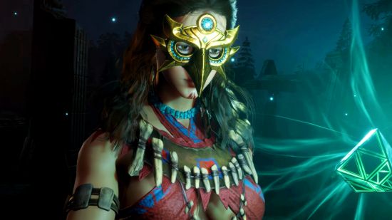 New Steam survival game Soulmask celebrates chart success and positive reviews - A woman with long hair wearing a golden mask shaped like an owl.