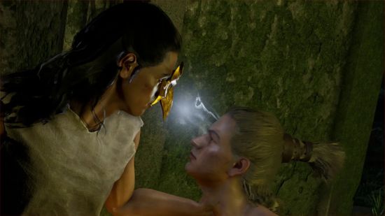 A man holds a woman by the neck and uses his golden, beaked mask to hypnotize her. A bright stream of energy pours from the mask to her face.