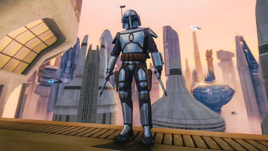 Star Wars: Bounty Hunter - Jango Fett stands in full armor in a high-rise city.