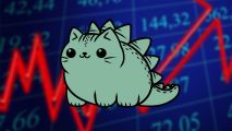 A small, green cartoon cat on a background showing an exponential red line