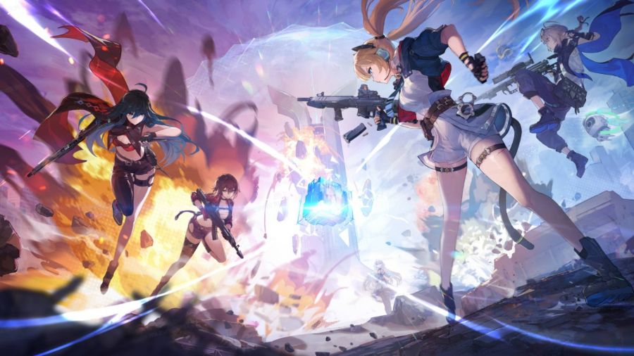Strinova: Two teams of anime girls mid-battle, shooting at one another