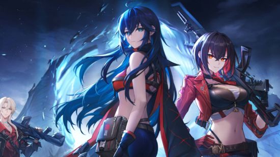 New FPS Strinova is Valorant with anime girls and a huge twist: An anime girl with long blur hair and combat gear stands with another girl next to her in a black bralette and red jacket holding a rifle on her shoulder