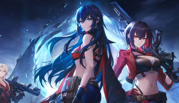 New FPS Strinova is Valorant with anime girls and a huge twist: An anime girl with long blur hair and combat gear stands with another girl next to her in a black bralette and red jacket holding a rifle on her shoulder
