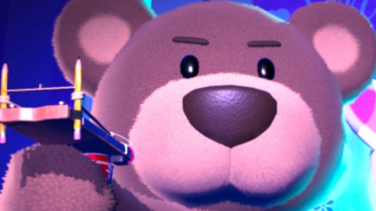 a teddy bear wit ha makeshit crossbow