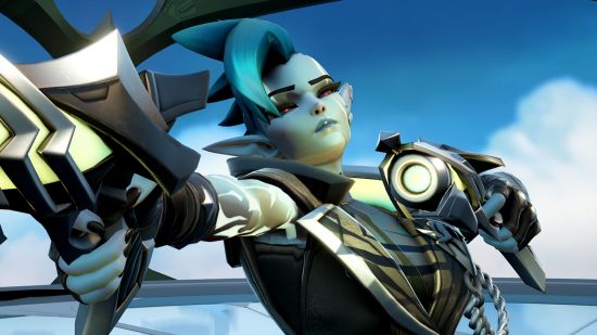 A green-skinned woman with a blue mohawk-style haircut stands pointing two guns towards the camera