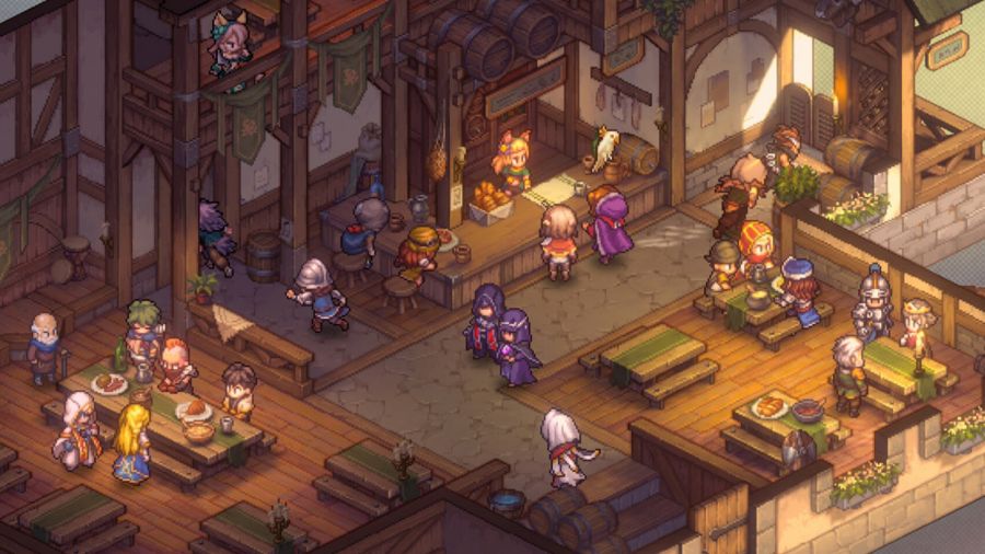 Sword of Convallaria - A crowd of people in a pixel-art tavern.