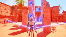 Acclaimed puzzle game announces sprawling expansion, available soon: A robot stands in front of ancient Egyptian pillars with laser beams projecting from them, from The Talos Principle 2.