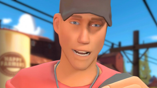 Team Fortress 2 bans: the Scout from TF2 in a red shirt and black baseball cap, close to the camera