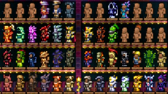Terraria 1.4.5 update reveals new bombs and armor types - Several rows of mannequins carrying various armor sets in the indie sandbox game.