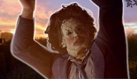 Leatherface holds a chainsaw above his head, wearing one of his iconic masks, in The Texas Chain Saw Massacre game.