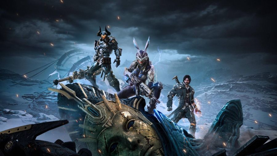 The First Descendant: Three heroes, one in a bunny rabbit inspired mechanic suit, standing on a fallen statue head, the sky dark behind them