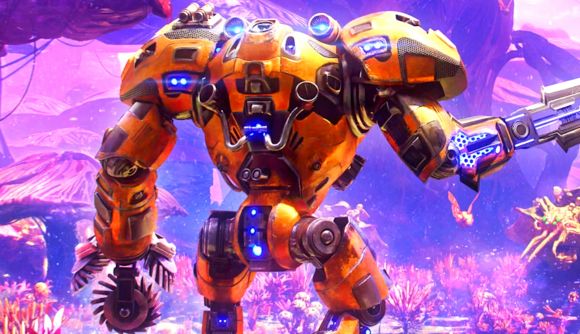 Excellent mech-based survival ARPG The Riftbreaker gets free update and new story DLC - A yellow mech suit looks out over a mushroom-filled purple biome.