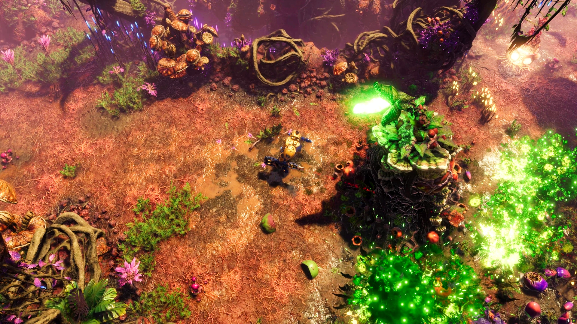 The Riftbreaker Heart of the Swarm DLC - A mech approaches a giant fungal growth spewing out green gunk.