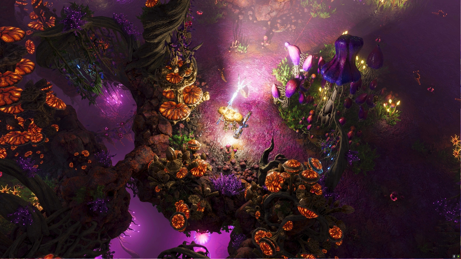 The Riftbreaker Heart of the Swamp DLC - A mech explores a purple-tinged biome covered with mushrooms.