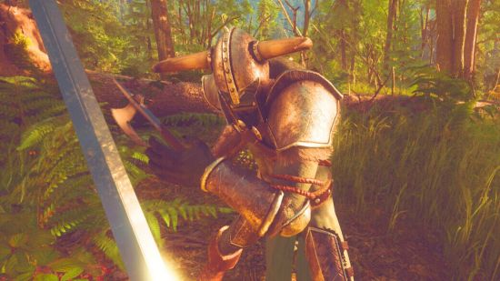 The Wayward Realms gameplay trailer: some sort of orc in armor fighting a first-person player
