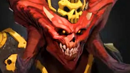 The next Total War Warhammer 3 DLC is an Immortal Empires exclusive - New Khorne legendary lord Skulltaker, a red-faced demon wearing golden armor.