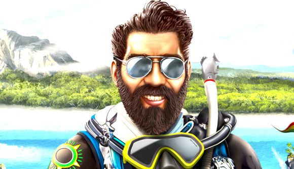 a man with lush hair and a dark beard in mirrored sunglasses with scuba goggles around his neck