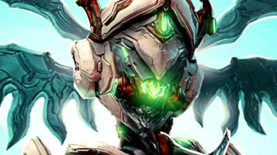 Warframe Jade Shadows update gets a date - The new Jade frame, a white suit with green lights and wings coming from the helmet.