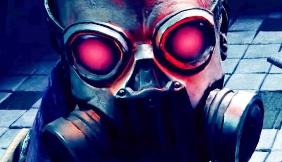 Warhammer 40k Darktide Secrets of the Machine God free update - A person wearing a breathing mask with vibrant red eyes.