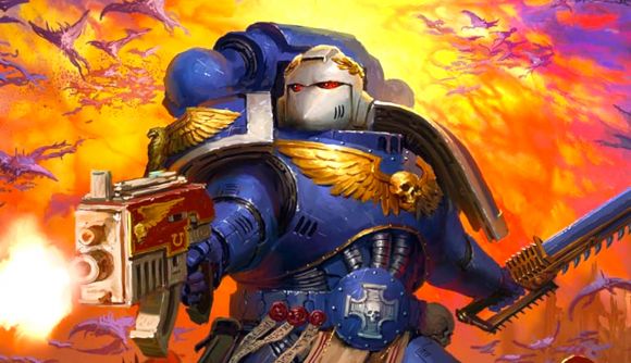 an ultramarine atop a pile of corpses shooting a gun and wielding a chainsaw sword