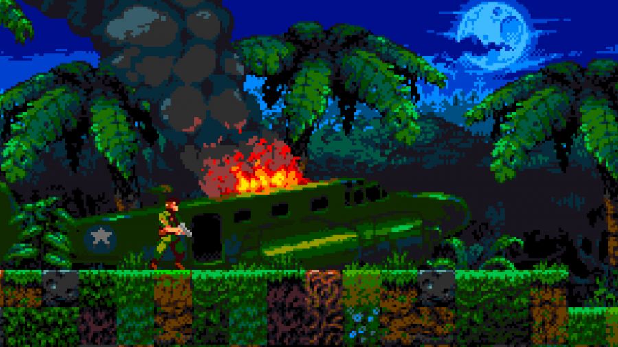 a pixelated sidescrolling game showing a plane crashed in the jungle