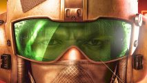 XDefiant spam patch: a close up of a soldier with their face covered, apart from green tinted goggles showing determined eyes