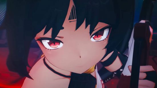 An anime girl with red eyes and bobbed black hair rushes towards the camera