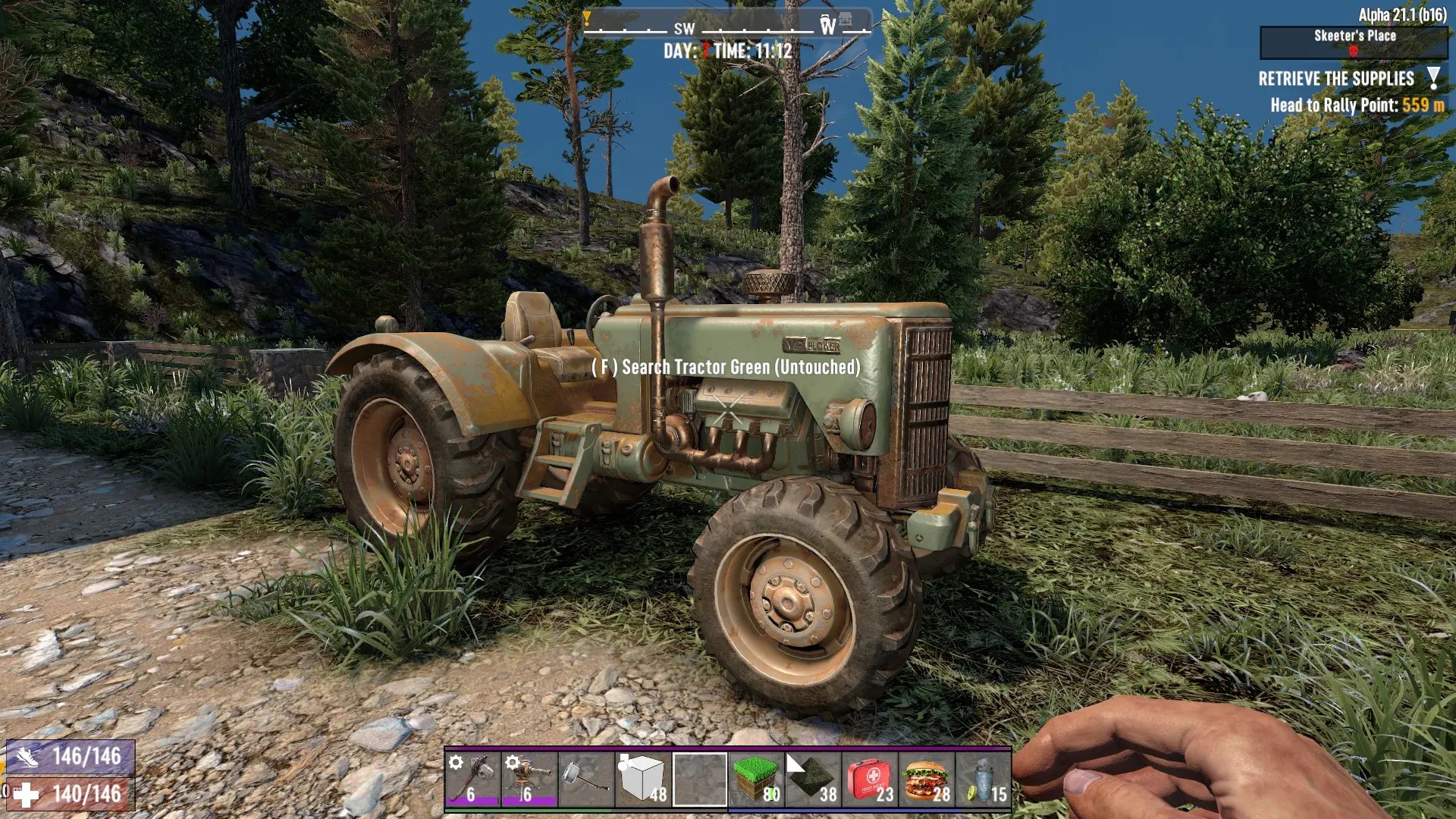 A tractor in 7 Days to Die showing the option to loot it, thanks to the FPS Lootables, one of the best 7 Days to Die mods.