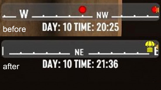A before and after image of the compass with the No Enemy Indicators 7 Days to Die mod.