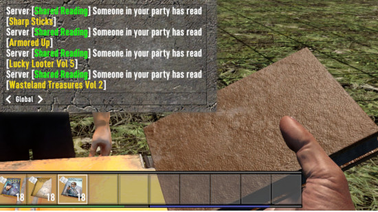 A screenshot shows off Shared Reading, one of the best 7 Days to Die mods, as a player reads a magazine, unlocking skills for all players.