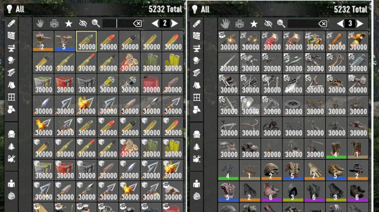 An in-game inventory scree showing increased stack sizes of 30,000 with one of the best 7 Days to Die mods.