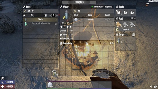 A screenshot shows the crafting recipe for turning snow to water thanks to one of the best 7 Days to Die mods.