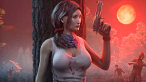 7 Days to Die: a woman in a white vest holding a pistol hides from zombies behind a tree
