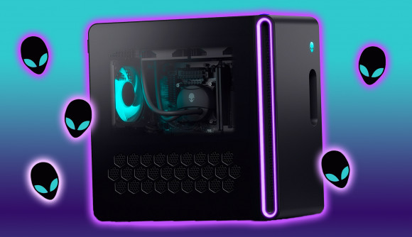 The Alienware Aurora R16 gaming PC on a bright gradient background