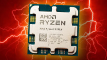 Mockup of an AMD Ryzen 9 9950X CPU with a lightning effect in the background