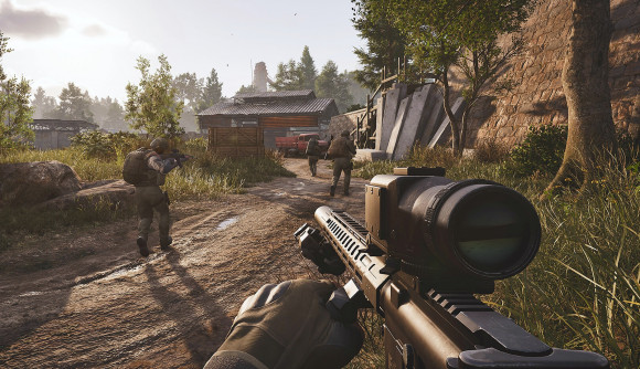Arena Breakout Infinite early access: A first-person view of a soldier holding a scoped gun as they walk through a rural landscape with other soldiers