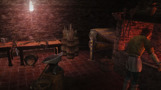 A screenshot from the Arx Insanity mod which shows a blacksmith working away in a smithy.