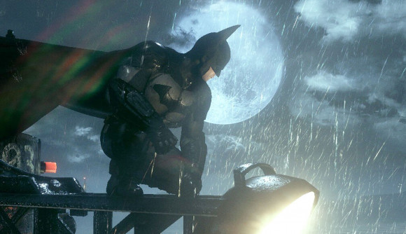 Get Batman Arkham Knight, one of the most improved PC ports, for $2: Batman crouches on an outcropping in the rain with the moon behind him.