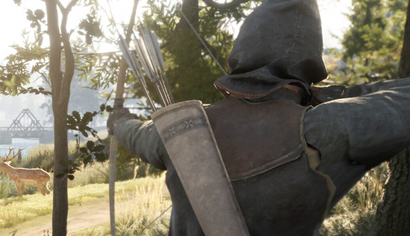 Medieval survival RPG Bellwright shares what’s next for the game: A hunter threatens to loose an arrow at a grazing deer.